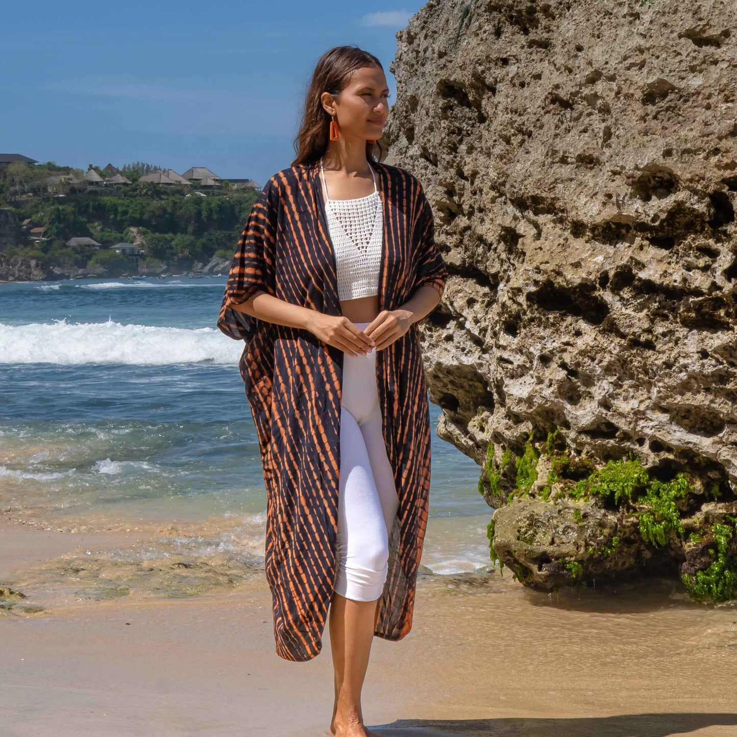 Long Kimono In Orange & Black Tie Dye