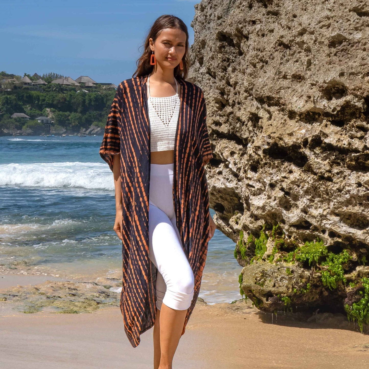Long Kimono In Orange & Black Tie Dye