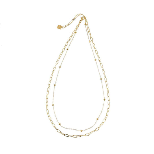 CASTILIA Gold Necklace:  Double Stacked Paper Clip Chain &  Beaded Chain - Dazzle in Duality.