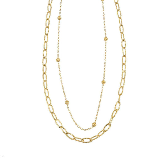 CASTILIA Gold Necklace:  Double Stacked Paper Clip Chain &  Beaded Chain - Dazzle in Duality.