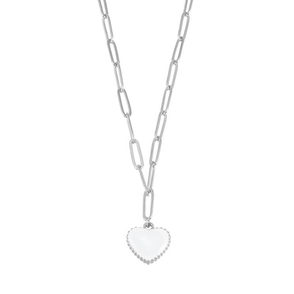 HEART WHITE Silver (White Gold): Paper Clip Chain Anchoring an Enameled White Heart Charm