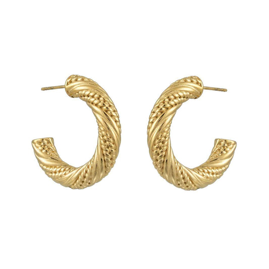 GULIID Gold: Vintage Textured Mid-Width Hoop Earrings with Fine Lines and Rope Pattern Detail