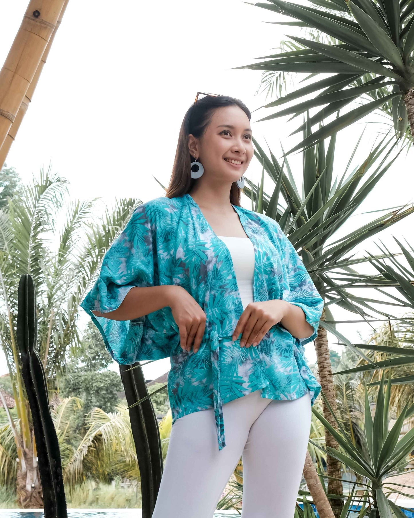 Fern Print Short Kimono - Mint & Grey