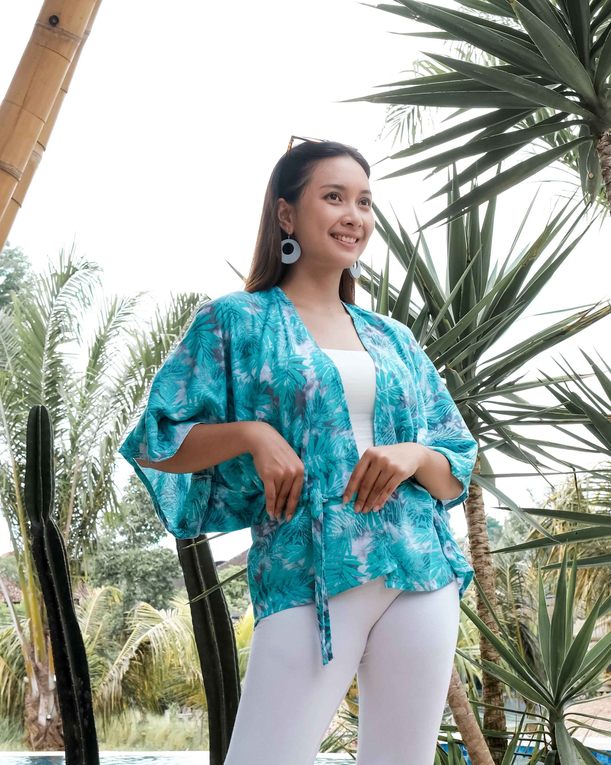 Fern Print Short Kimono - Mint & Grey