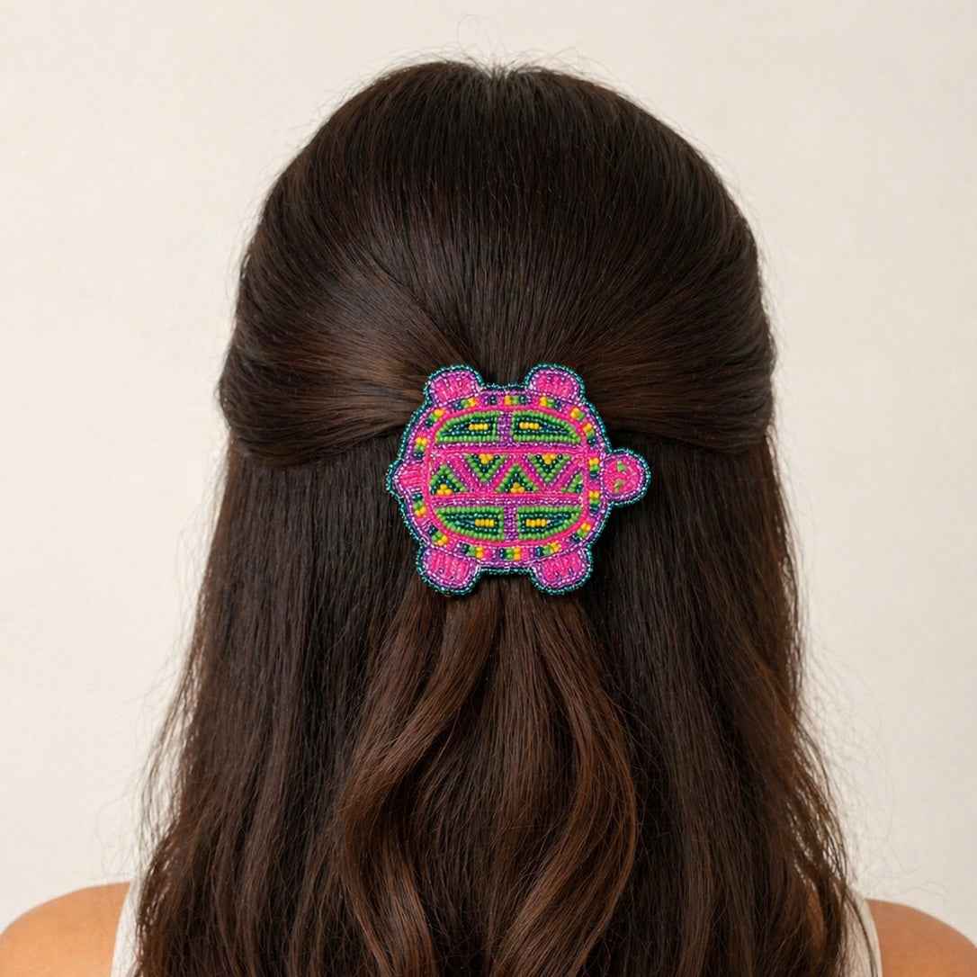 Beaded turtle Barrette pink accent