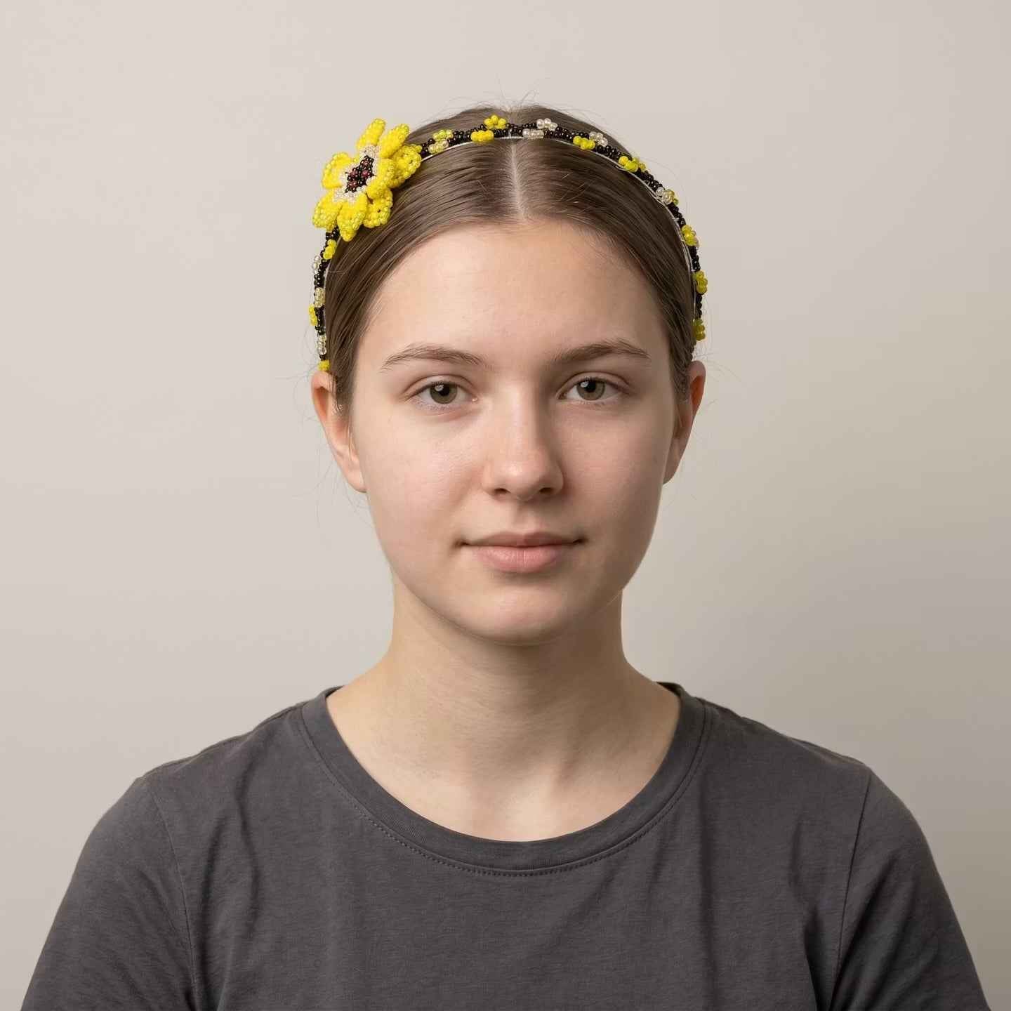 Beaded Headband with Flower Yellow
