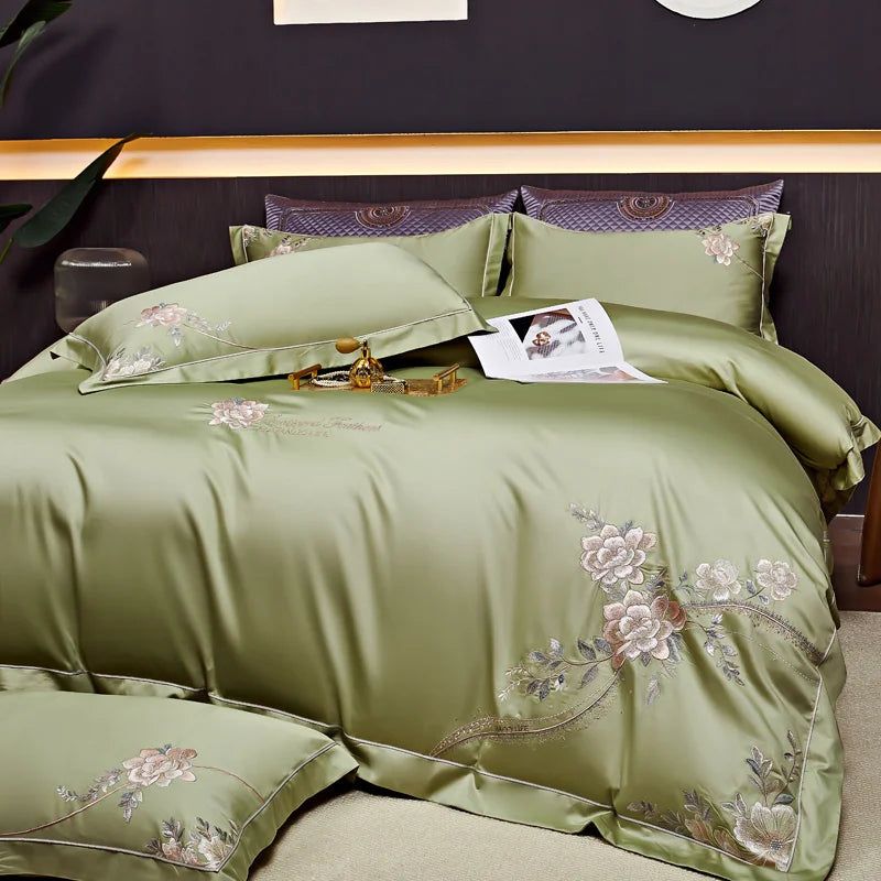 Eternal Bloom Embroidered 1000 TC Egyptian Cotton Duvet Set - Jade Green/Blush/Steel Blue