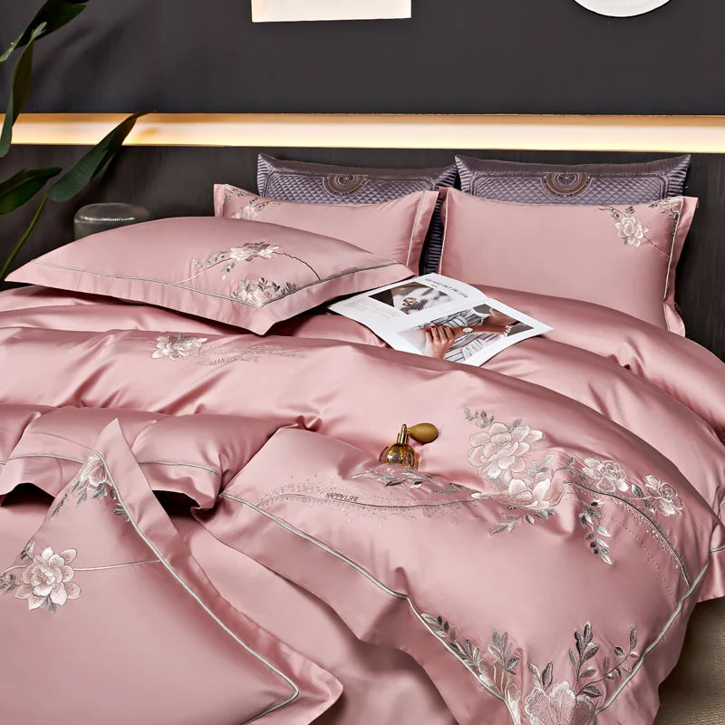 Eternal Bloom Embroidered 1000 TC Egyptian Cotton Duvet Set - Jade Green/Blush/Steel Blue