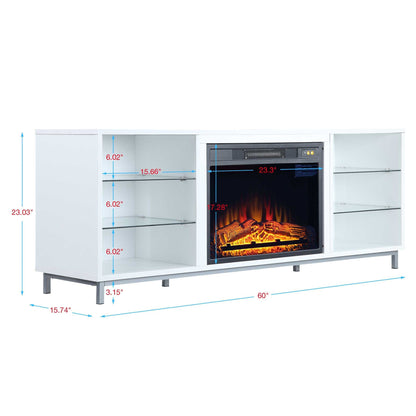 Firey 60" TV Stand/Fireplace with Glass Shelves - White Gloss