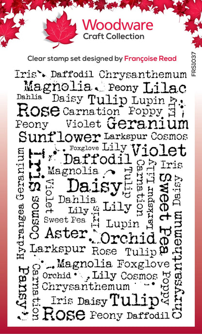 Woodware Clear Singles Flower Names 4 in x 6 in Stamp Set