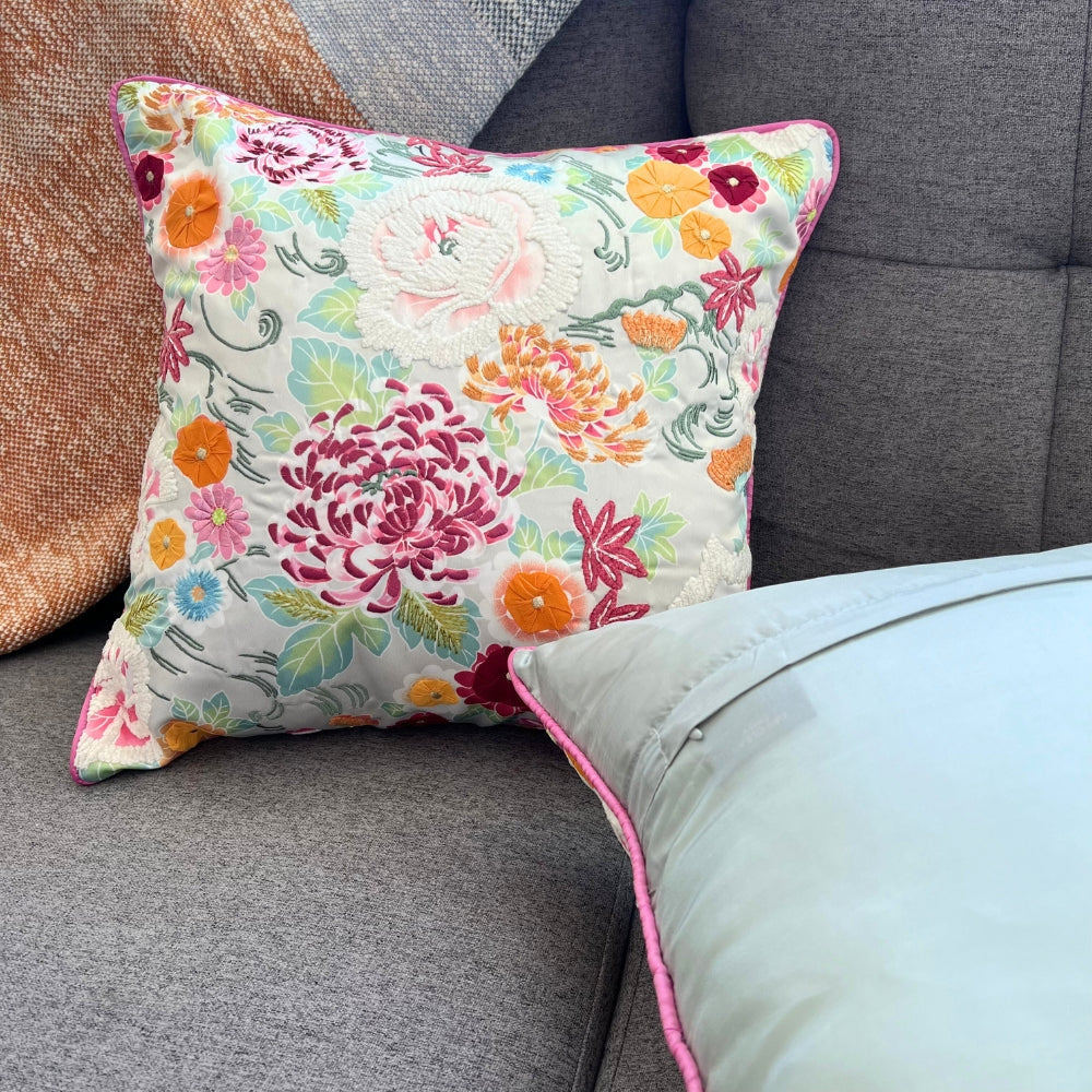 16x16" Vibrant Multi-Color Floral Embroidered Pillow Cover – Paper Silk Back, Statement Piece