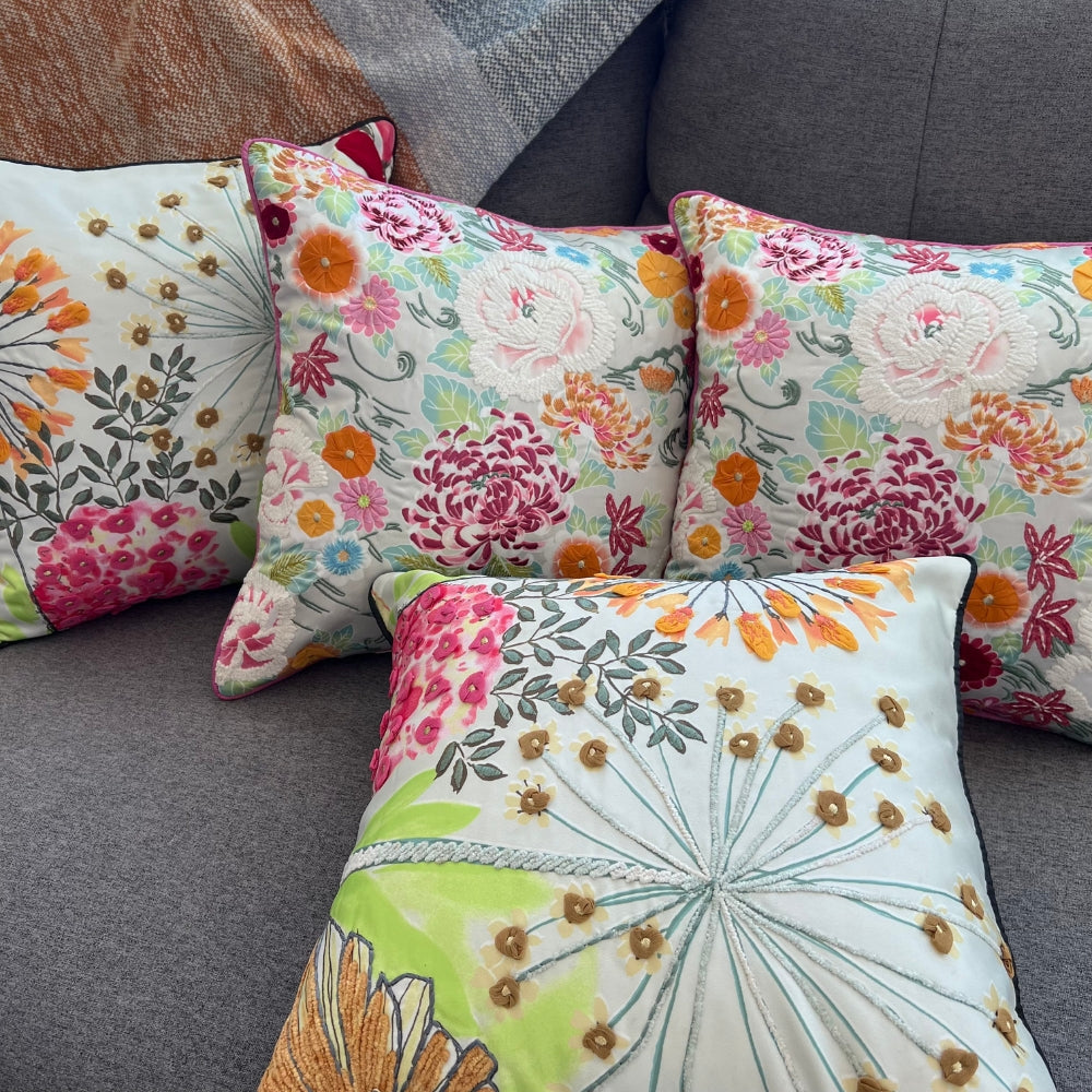 16x16" Vibrant Multi-Color Floral Embroidered Pillow Cover – Paper Silk Back, Statement Piece