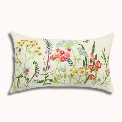 12x20" Besticktes Wildblumen-Lendenkissen – Vorderseite Baumwolle, Rückseite Papiersatin