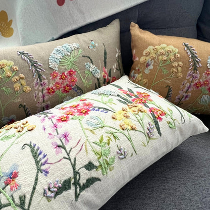 12x20" Besticktes Wildblumen-Lendenkissen – Vorderseite Baumwolle, Rückseite Papiersatin