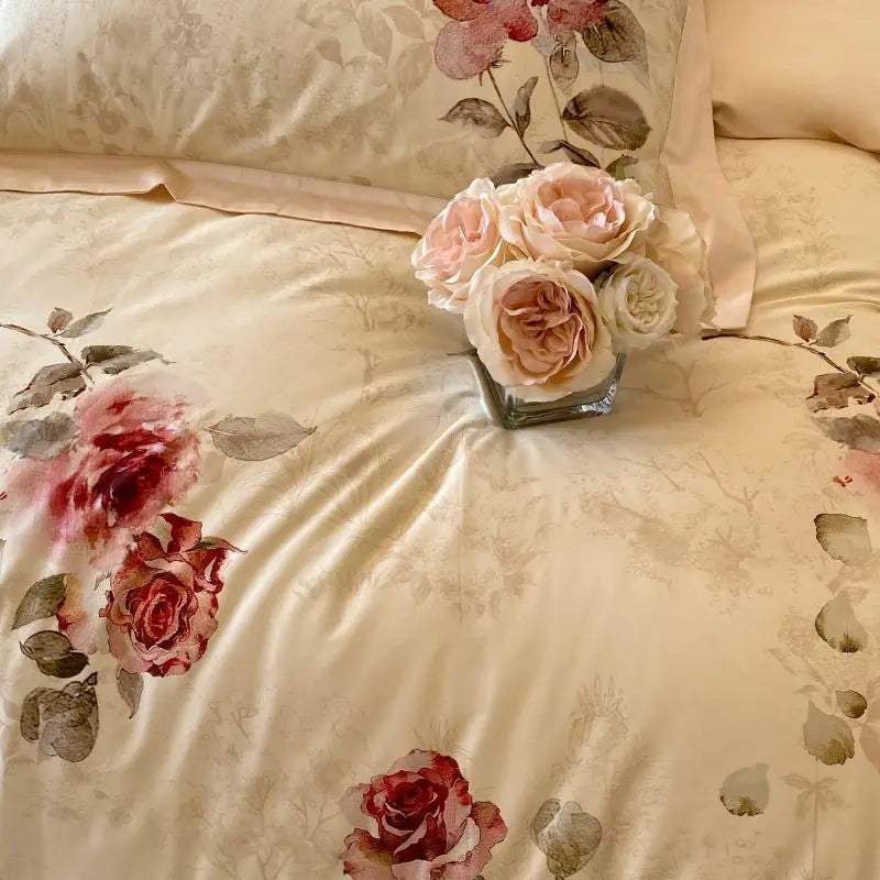 Floral Rose Jacquard Egyptian Cotton 1000 TC Duvet Set - Ivory