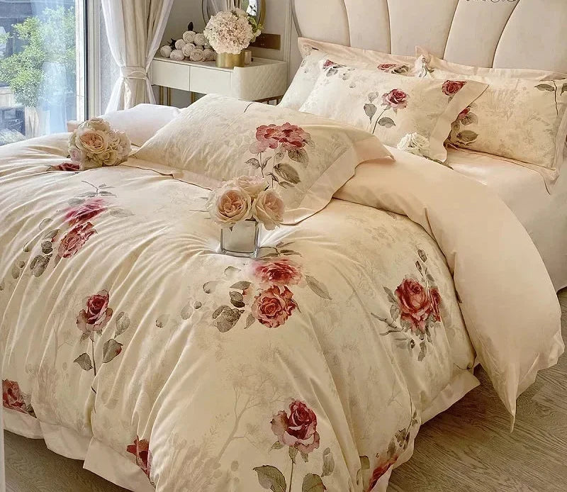 Floral Rose Jacquard Egyptian Cotton 1000 TC Duvet Set - Ivory