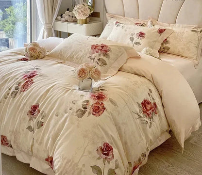 Floral Rose Jacquard Egyptian Cotton 1000 TC Duvet Set - Ivory