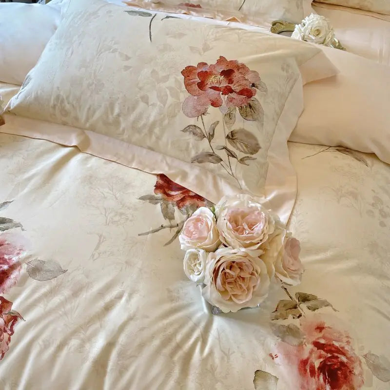 Floral Rose Jacquard Egyptian Cotton 1000 TC Duvet Set - Ivory