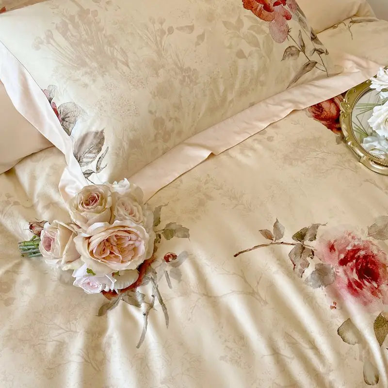 Floral Rose Jacquard Egyptian Cotton 1000 TC Duvet Set - Ivory
