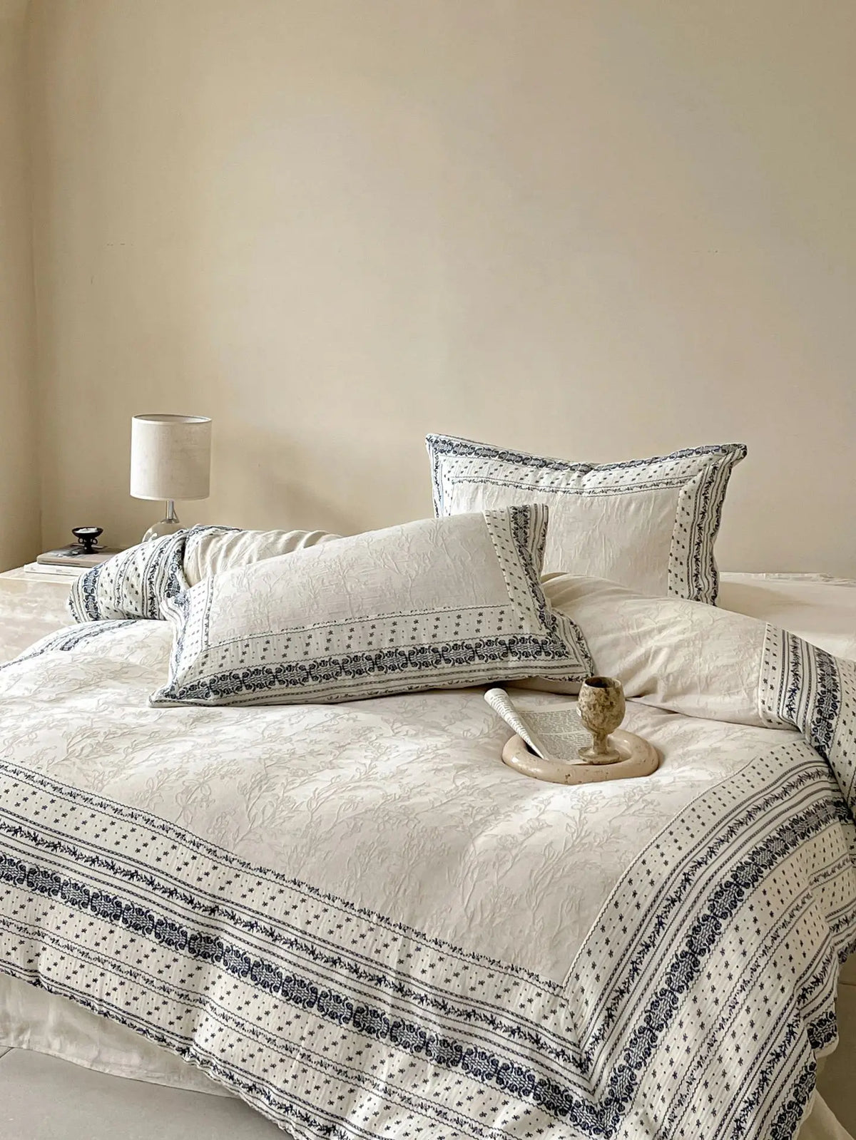 French Chateau Vintage Style Premium 4 Pc Cotton Linen Duvet Set - Cream