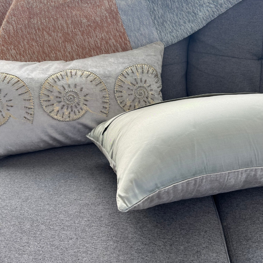 14x22" Velvet Lumbar Pillow – Golden Shell Embroidery, Silk Back, Designer Accent
