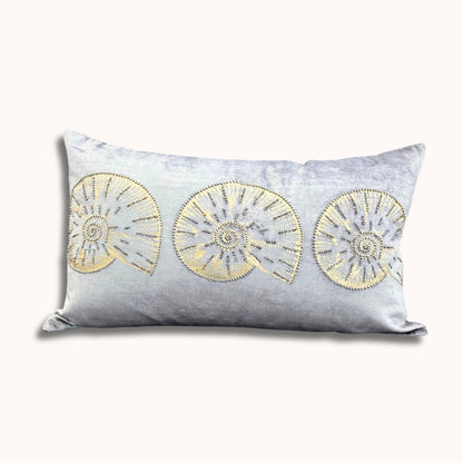 14x22" Velvet Lumbar Pillow – Golden Shell Embroidery, Silk Back, Designer Accent