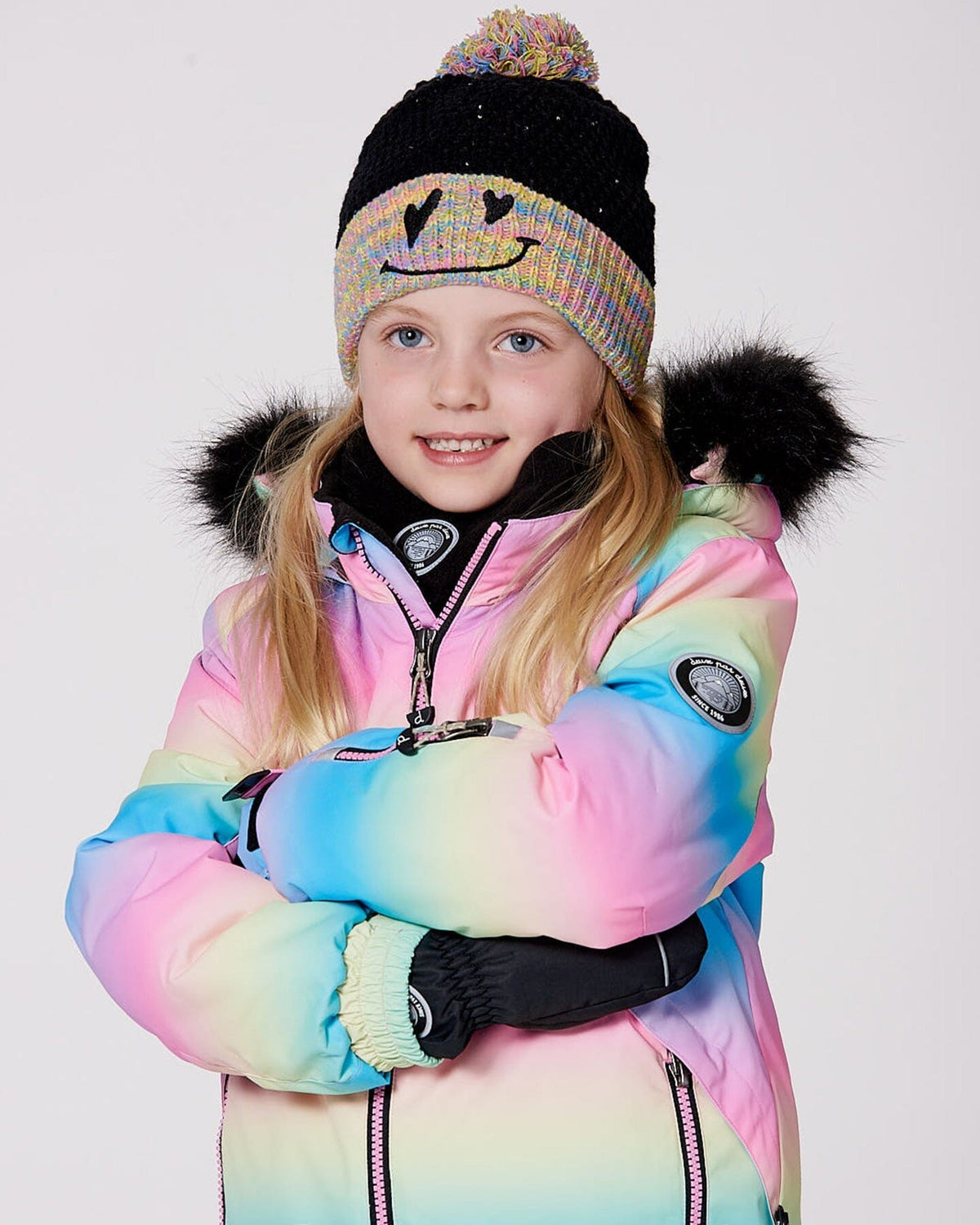 Lined Knit Hat With Pompom Black And Multicolor