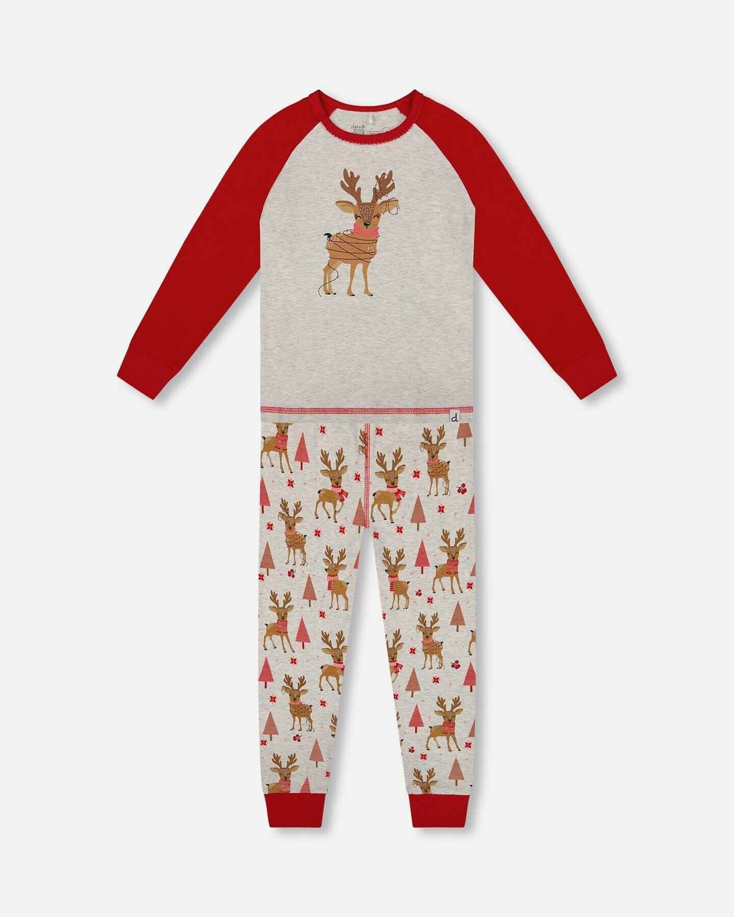 Organic Cotton Two-Piece Pajamas Beige Girly Reindeer Print