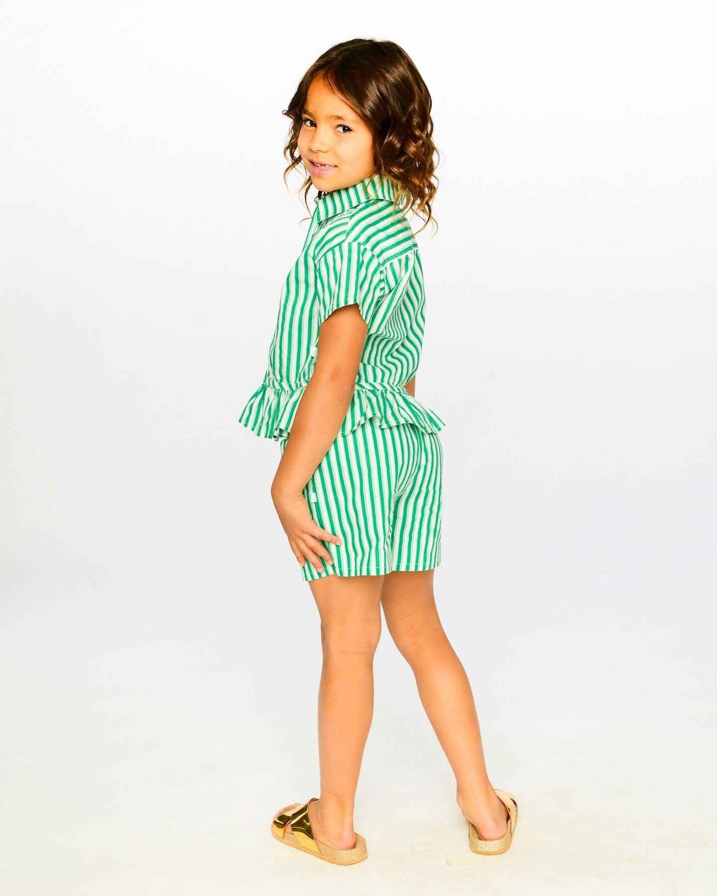 Short Sleeve Striped Button Down Shirt Green