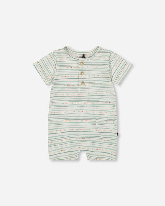 Organic Cotton Romper White Printed Mint Green Lines