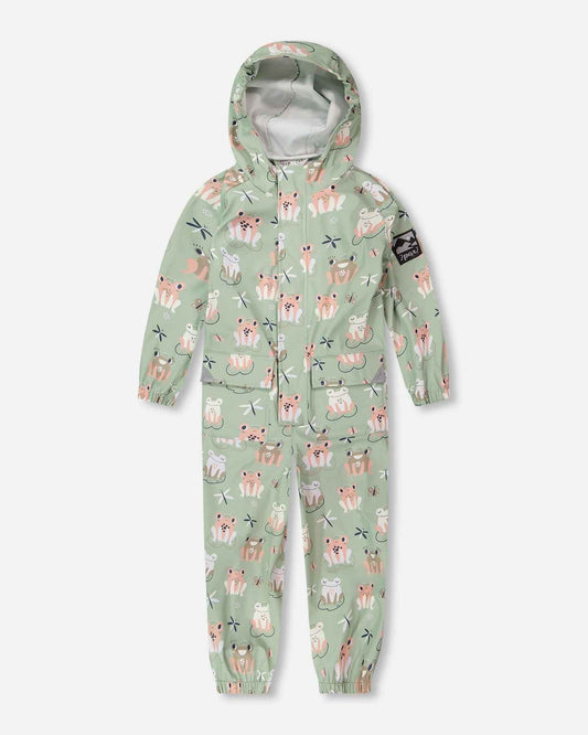 Green rain jumpsuit with color-changing frogs print