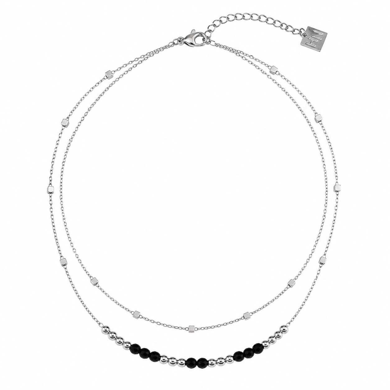 HILDA Silver (White Gold) Necklace: Two-in-One Square Beads & Round Beads in Black & Gold