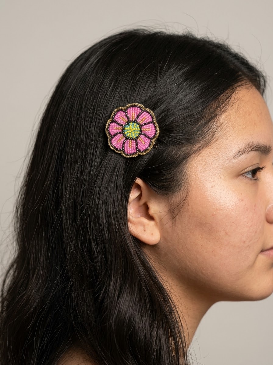 Pink Beaded Flower Barrette