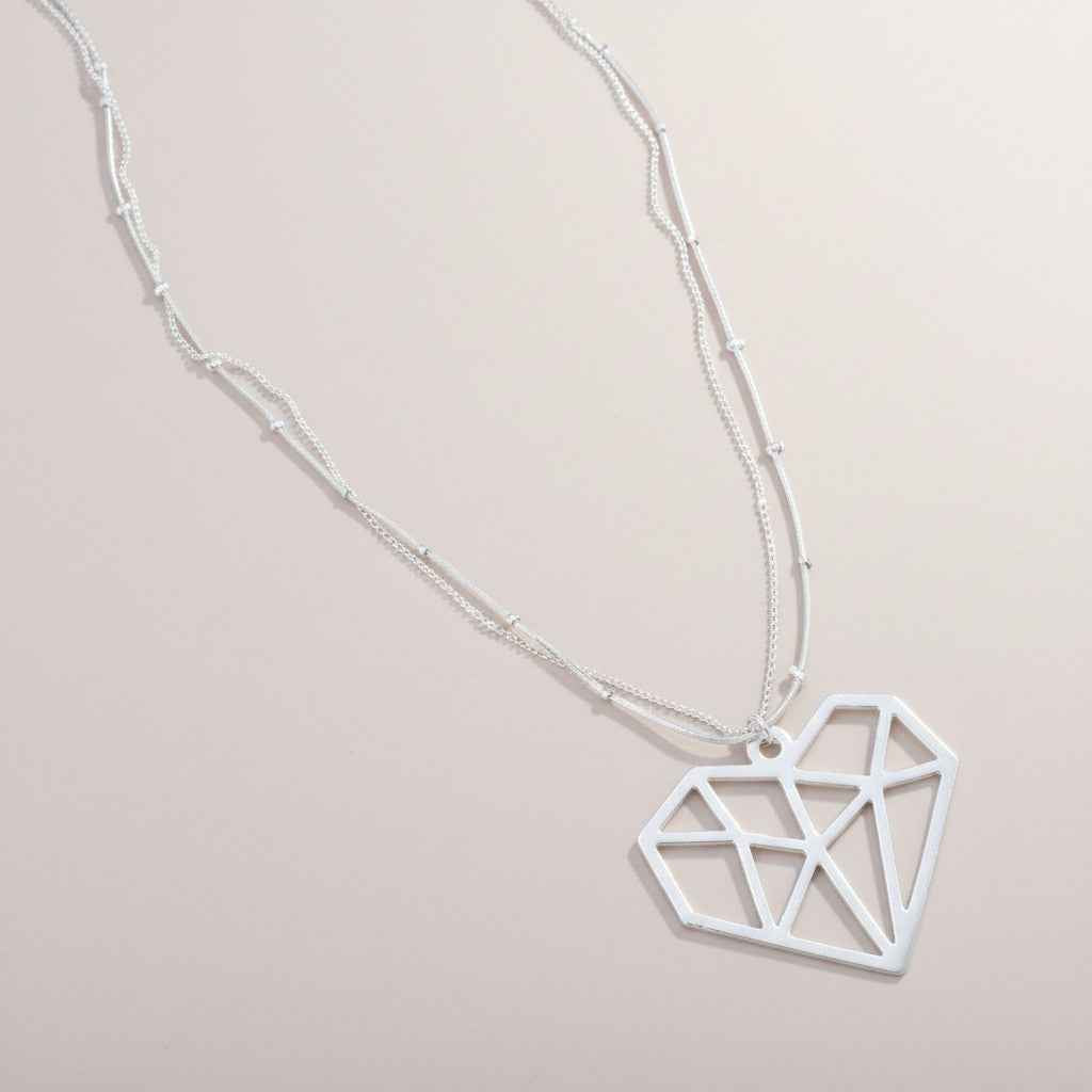 Double Strand Necklace With Heart Pendant In Silver Plate