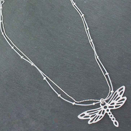Double Strand Necklace With Dragonfly Pendant In Silver Plate