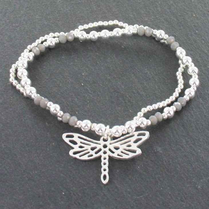 Double Strand Bracelet With Dragonfly Pendant In Silver Plate