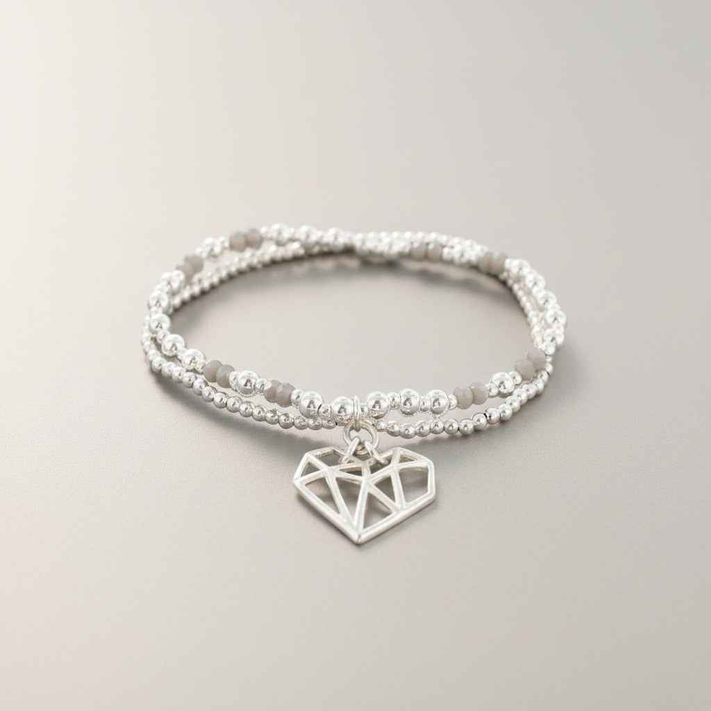 Double Strand Bracelet With Heart Pendant In Silver Plate