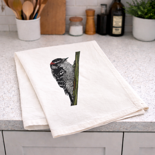 100% Organic Cotton Tea Towel - Downy Woodpecker
