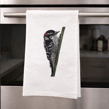 100% Organic Cotton Tea Towel - Downy Woodpecker