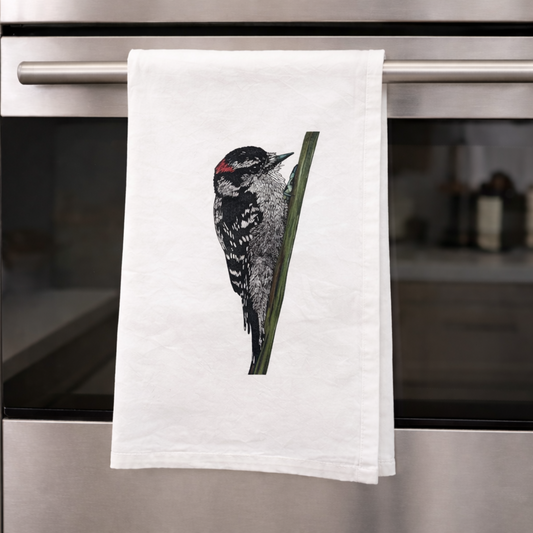 100% Organic Cotton Tea Towel - Downy Woodpecker