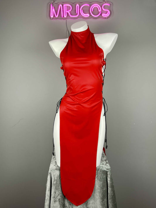 Vintage PU Leather Satin Cheongsam Lingerie Sexy Party Dress Costume