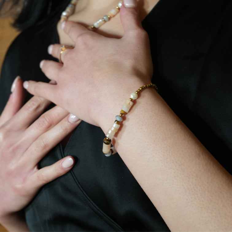 JERASA: Chalcedony Stones, Fresh Water Pearls & Gold Ball-Beaded Bracelet.