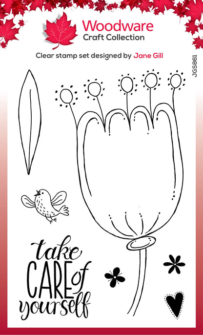 Woodware Clear Singles Petal Doodles Take Care 4 in x 6 in Stamp Set