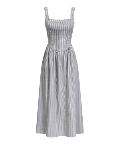 Jules - Lightweight Tie Back Midi Dress In Black Stripe