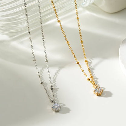 KADIRI Silver:  Solitaire Zirconia Charm Pendant on a Beaded Chain Necklace