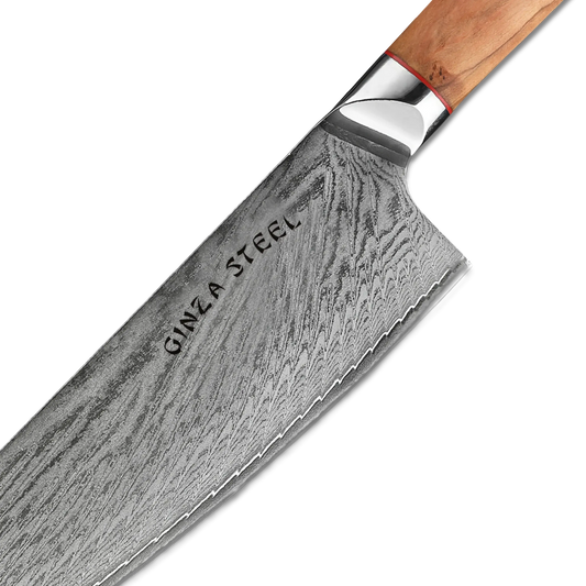 Ginza Steel MIA 24 Kochmesser 9” – Damast AUS10, 67-lagig, Olivenholzgriff