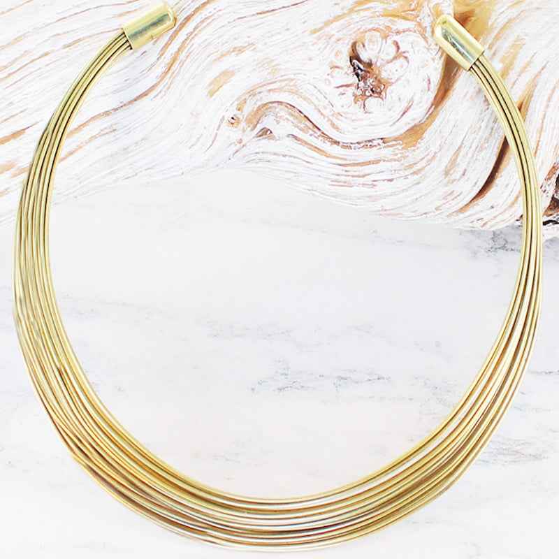 Multi Strand Wire Metal Collar Necklace - Gold Colour