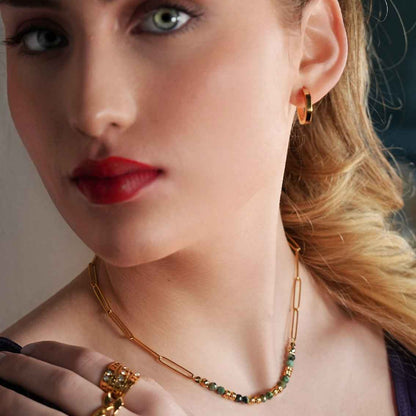 LAIMA: African Turquoise Stones & Gold Beaded Paper-Clip Chain Necklace