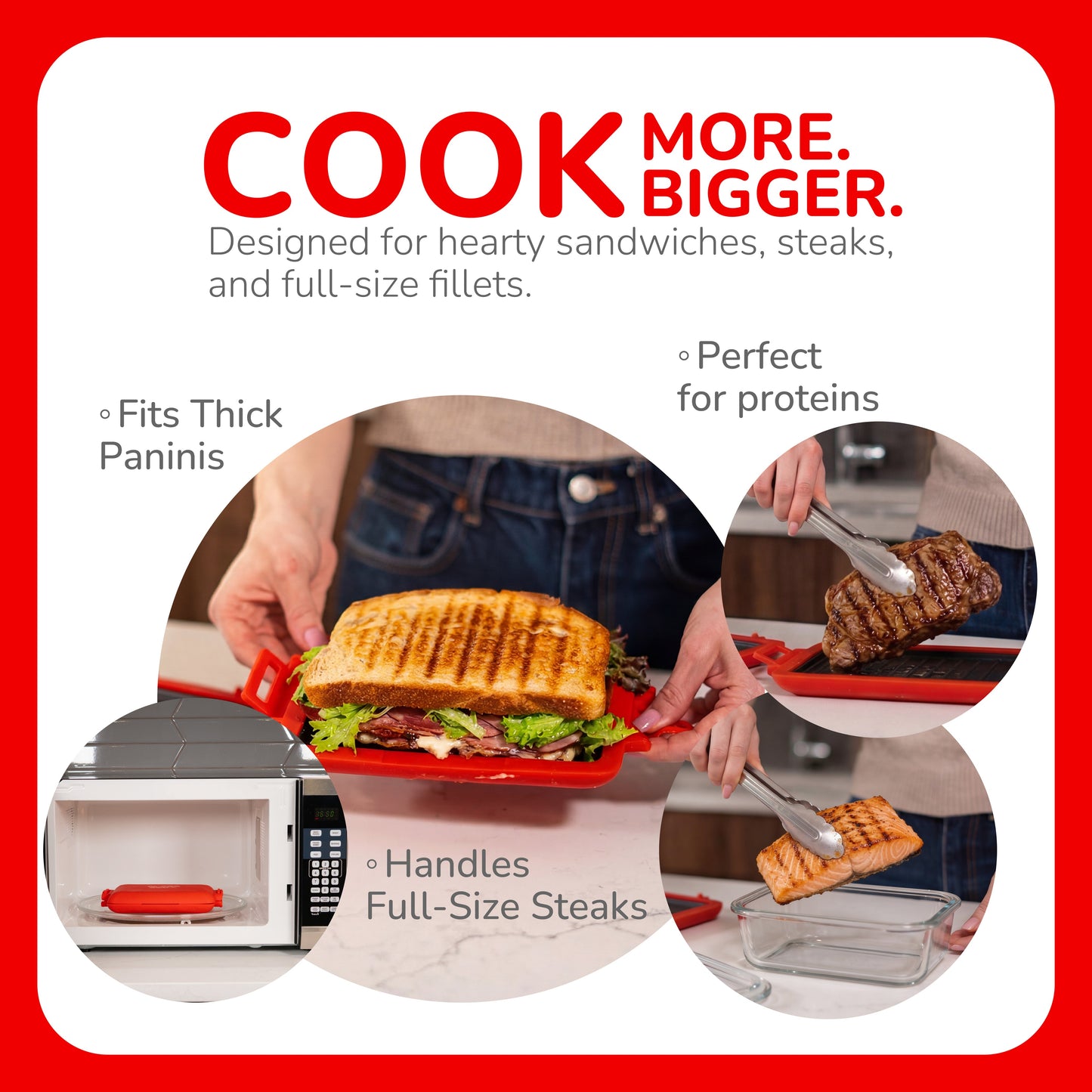 Micro Grill Max™ 電子レンジ用グリル＆サンドイッチメーカー – パニーニ、ステーキ、魚の切り身用大型電子レンジ調理器 – 電子レンジ対応、BPAフリー、食洗機対応 – 大きめのパンや食事に対応する大容量サイズ