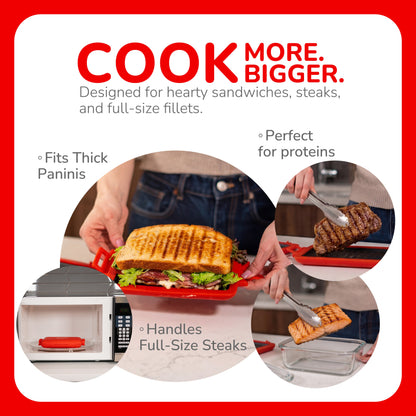 Micro Grill Max™ 電子レンジ用グリル＆サンドイッチメーカー – パニーニ、ステーキ、魚の切り身用大型電子レンジ調理器 – 電子レンジ対応、BPAフリー、食洗機対応 – 大きめのパンや食事に対応する大容量サイズ